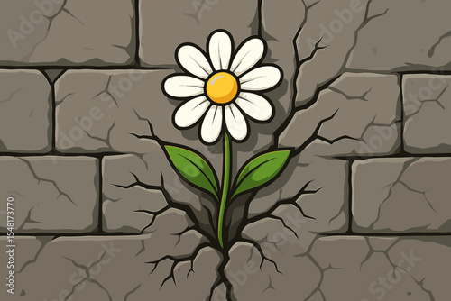White flower blooming through a cracked stone wall. Symbol of resilience, hope, and new life. Concept of perseverance, strength, and overcoming adversity. Vector cartoon illustration.