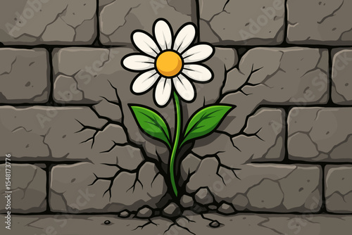 Resilience concept with a daisy flower growing through a cracked stone wall. Symbol of hope, strength, and perseverance. New life breaking through barriers. Vector cartoon illustration.