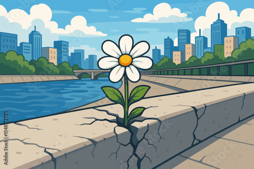 Resilience concept with a flower growing from a crack in urban concrete. Metaphor for hope, strength, and new life. Nature surviving in the city by a river. Vector cartoon illustration.
