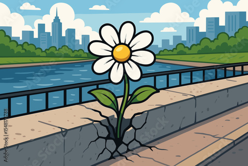Hope and resilience concept. White flower growing from cracked concrete in an urban landscape. Metaphor for strength, new beginnings, and overcoming adversity. Vector illustration.