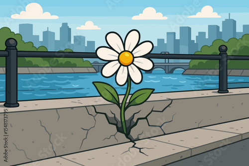 White Daisy Flower Blooming from Cracked Concrete Urban Riverbank. Resilience, Strength, Hope, Growth, Nature in City. Vector Cartoon Illustration. Overcoming adversity.
