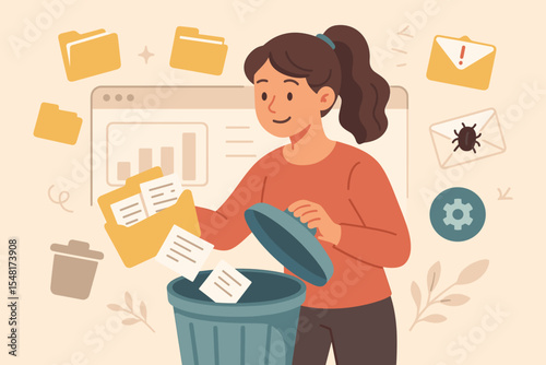 Vector cartoon illustration of a woman deleting unnecessary files and cleaning digital memory. Folder cleanup, spam email removal, data management, file organization, cybersecurity