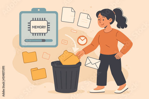 Digital declutter concept vector illustration of a woman deleting unnecessary files from memory chip, removing spam emails, cleaning digital storage, file management and memory optimization