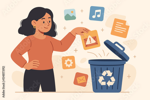 Digital decluttering concept: woman organizing and cleaning digital files, deleting spam emails and unnecessary data into recycle bin, file management, cyber hygiene, data cleanup illustration