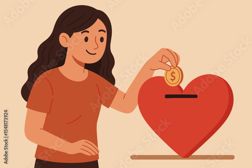 Woman donating money to charity by placing coin into heart-shaped donation box. Philanthropy concept with female volunteer supporting community, compassion, aid and fundraising vector illustration