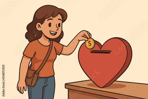 Charity donation concept illustration. Young woman happily placing a gold coin into a large red heart-shaped donation box on a wooden table. Concept of generosity, philanthropy, kindness.