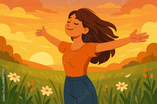 Woman Embracing the Fresh Air with Open Arms in a Sunlit Meadow During a Picturesque Sunset - Vector Cartoon Illustration of Freedom and Peace