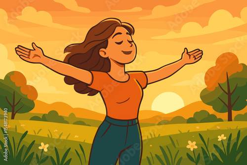 Woman Embracing the Fresh Air with Open Arms in a Sunlit Meadow During a Picturesque Sunset – Vector Cartoon Illustration of Freedom and Nature
