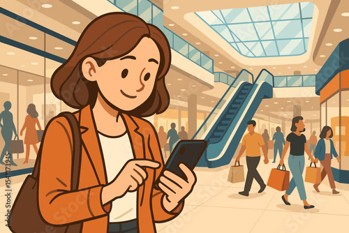 Young woman checking smartphone in modern shopping mall interior with escalators and busy shoppers carrying bags, retail consumer lifestyle, mobile commerce, digital connection, urban shopping scene