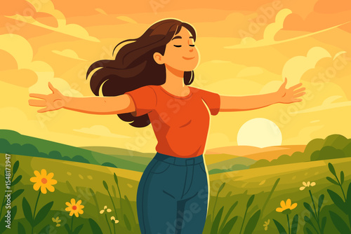 Woman Embracing Fresh Air with Open Arms in Sunlit Meadow at Sunset, Vector Cartoon Illustration of Freedom and Nature