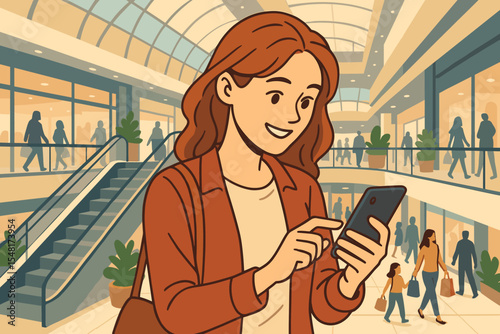 Young woman using smartphone in busy modern shopping mall interior with escalator and shoppers, vector cartoon illustration of digital lifestyle, consumer technology, retail shopping concept