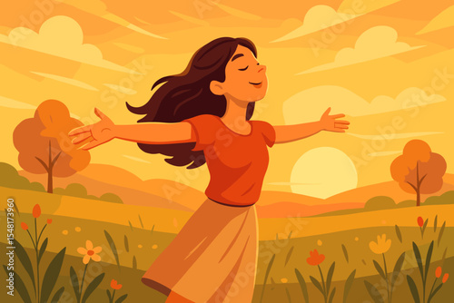 Woman Embracing the Fresh Air with Open Arms in a Sunlit Meadow During a Picturesque Sunset. Vector Cartoon Illustration of a Happy, Free Spirit in Nature.