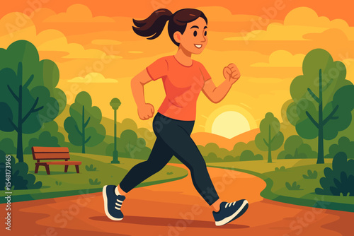 Woman engaging in a brisk walk on a park road during sunset, promoting health and fitness. Vector cartoon illustration, active lifestyle, morning or evening exercise, outdoor activity.