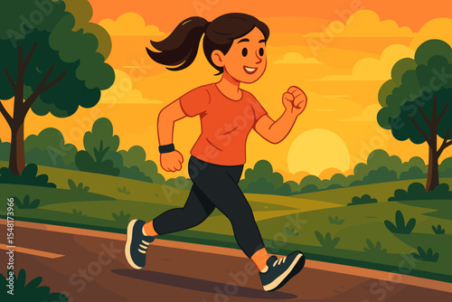 Woman engaging in a brisk walk on a park road during sunset, promoting health and fitness, vector cartoon illustration