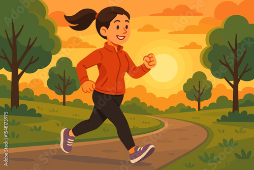 "Woman Engaging in a Brisk Walk on a Park Road During Sunset, Promoting Health and Fitness - Vector Cartoon Illustration"