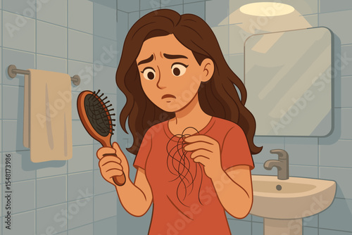 Concerned woman examining hairbrush with fallen hair strands in bathroom mirror under soft light. Hair loss awareness personal care concept. Vector cartoon illustration of scalp health monitoring.