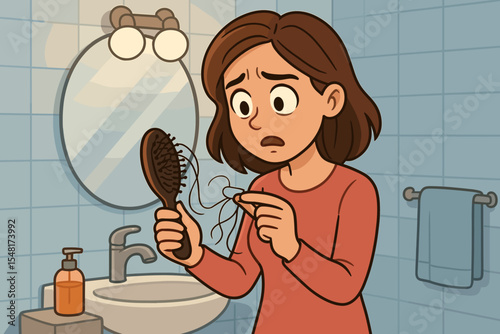 Concerned woman examining hair loss in bathroom mirror while holding a hairbrush full of fallen strands. Cartoon vector illustration of hair thinning and self care routine worry concept