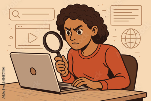 Woman browsing the web for accurate information, focused digital research and online searching concept, vector cartoon illustration with laptop and magnifying glass.