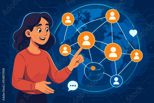 Cartoon businesswoman pointing at connected user icons around a glowing digital globe, illustrating global social media connectivity, online networking and communication in cyberspace illustration