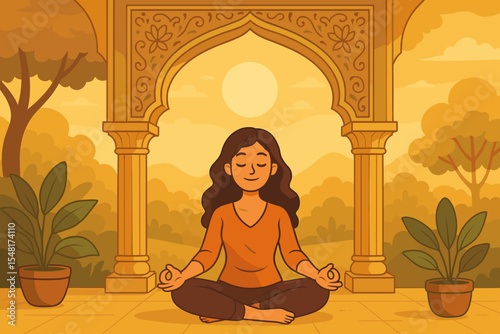 Woman Meditating in Golden Sanctuary Archway at Sunrise. Yoga Mindfulness Meditation Concept Illustration. Tranquil Morning Spiritual Retreat, Calm Female Silhouette, Wellness, Peace, Nature Vector