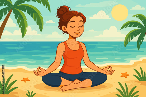 Woman meditating in lotus yoga pose on serene tropical beach with palm trees, starfish and ocean waves, wellness relaxation and mindfulness concept, cartoon vector illustration for health and zen