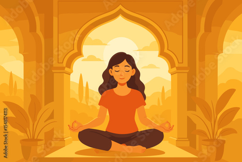 Woman meditating in tranquil golden sanctuary archway at sunrise. Yoga mindfulness practice in serene spiritual temple with sunrise backdrop. Calm meditation vector illustration with potted plants.