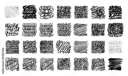 Twenty eight different hand-drawn textures imitating various graphic tools. Doodles and squiggles. Vector set