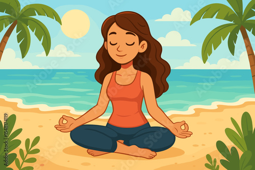 Young woman meditating in lotus yoga pose on a serene tropical summer beach at sunrise. Mindfulness relaxation wellness concept with palm trees, ocean waves, nature calm. Vector Cartoon