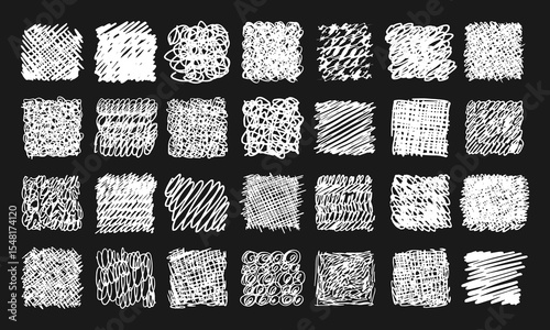 Twenty eight different hand-drawn textures imitating various graphic tools. White doodles and squiggles on a black background. Vector set
