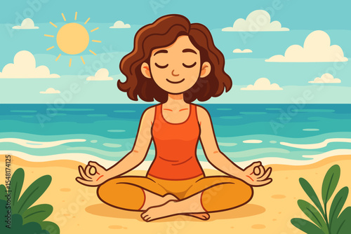 Summer beach meditation woman seated in lotus yoga pose on tranquil ocean shore under bright sun with foliage promoting mindfulness relaxation wellness serenity nature healthy lifestyle illustration
