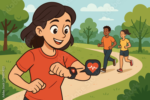 Woman Monitoring Heart Rate on Smartwatch While Jogging in Park with Other Runners in Background - Vector Cartoon Illustration of Healthy Lifestyle and Fitness Tracking