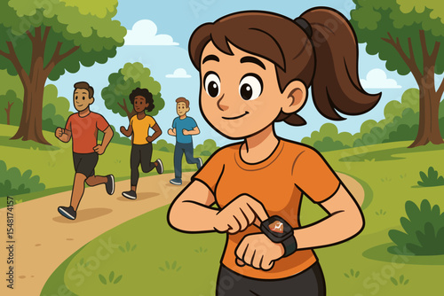 Woman monitoring heart rate on smartwatch while jogging in park with other runners in background. Vector cartoon illustration of fitness, healthy lifestyle, and outdoor exercise.