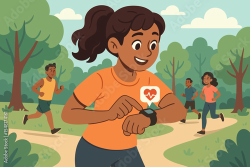 Woman monitoring heart rate on smartwatch while jogging in park with other runners in the background. Vector cartoon illustration of healthy lifestyle, fitness, and exercise tracking.