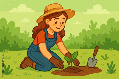 Young woman planting a green seedling in a lush backyard garden soil. Female gardener wearing straw hat and overalls nurturing sprout. Eco gardening nature concept vector illustration.
