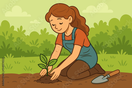 Young woman planting seedling in garden soil, nurturing plant growth and green habitat. Vector illustration of female gardener hands in soil, reforestation, ecology, sustainability, horticulture