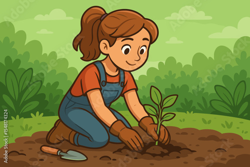 Happy woman planting young seedling in garden soil. Cartoon vector illustration featuring gardener with gloves and trowel, fresh green background, eco planting, sustainable growth, nature care concept