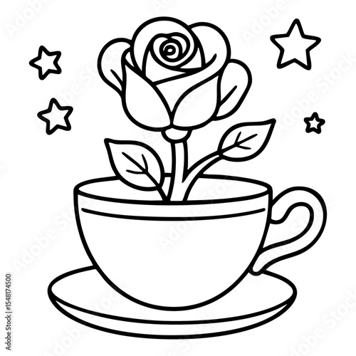 A simple, bold outline rose in a teacup coloring page for kids. Perfect for toddlers and preschoolers to color, learn, and have fun with floral-themed activities. Printable and easy to use!