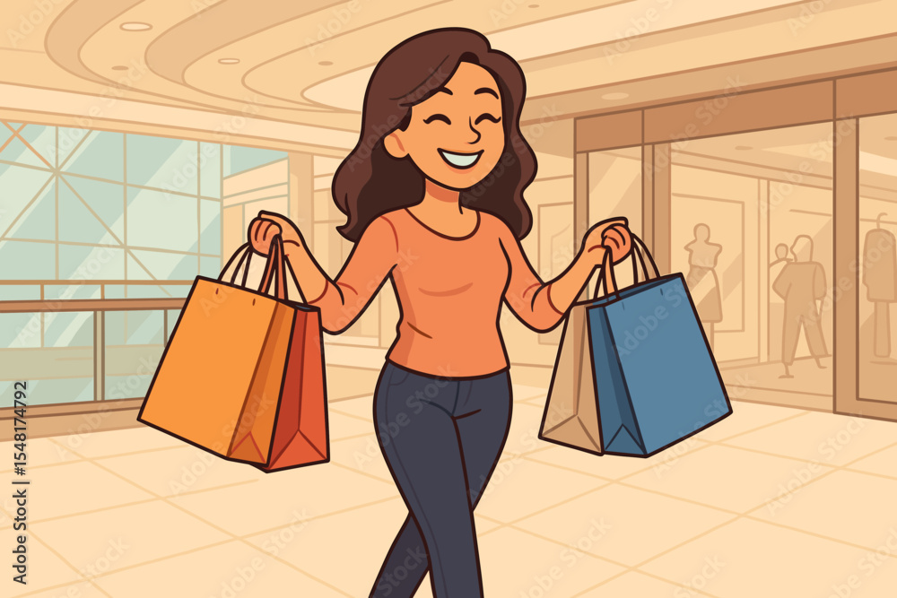 custom made wallpaper toronto digitalWoman enjoying shopping with bags at modern shopping mall. Retail therapy concept. Happy female character walking with shopping bags. Shopping center background. Cartoon vector illustration.