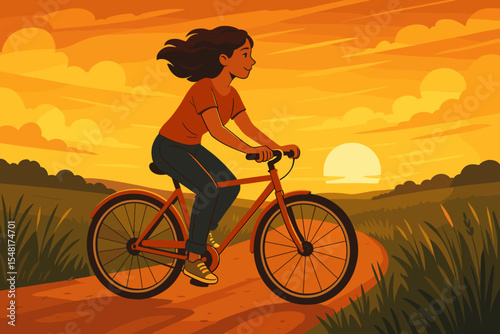 Young woman cycling along a winding rural road through tall grassy fields at sunset golden hour. Leisure bike ride outdoor adventure countryside landscape healthy active lifestyle vector illustration
