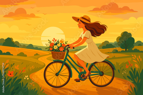 Woman riding vintage bicycle with full flower basket on a winding rural country road at picturesque summer sunset. Cartoon vector illustration of serene countryside ride, travel leisure freedom.