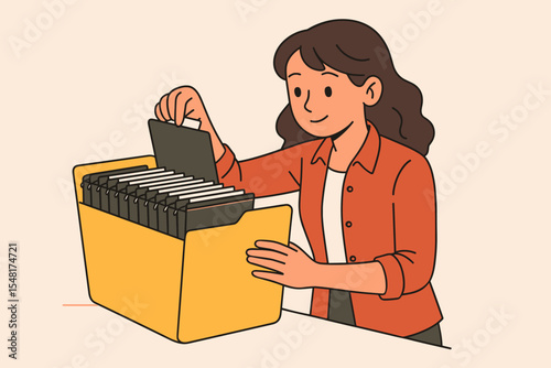 Female office worker searching file folder catalog for document and records management, efficient archive retrieval and document sorting, database directory organization vector illustration