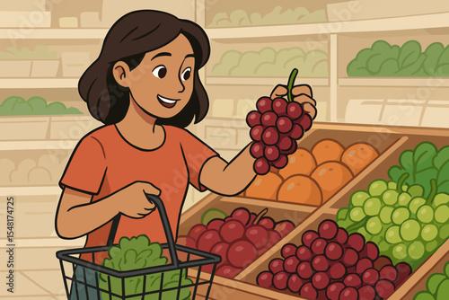 Smiling woman selecting fresh red grapes in supermarket produce section, grocery shopping, healthy eating, fruit market, organic produce, consumer lifestyle, shopping basket illustration