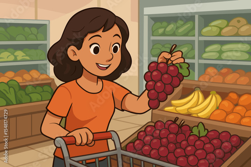 Woman selecting fresh red grapes at supermarket produce section. Grocery shopping fruit selection. Healthy organic grape picking. Female customer with cart. Cartoon vector illustration shopping.