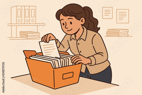 Businesswoman searching through catalog folder for documents. Document sorting action. Office filing. Efficient paperwork organization. Archive indexing. Database management workflow. Cartoon vector