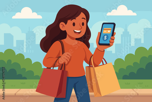 Young woman carrying shopping bags and using smartphone for mobile payment and online banking outdoors in urban city street. Digital wallet finance fintech concept retail therapy vector illustration