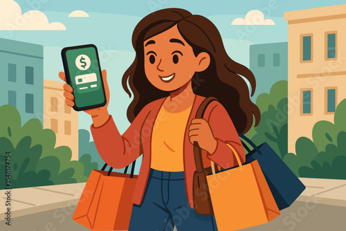 Young woman enjoying shopping with colorful paper bags and using smartphone for mobile banking payment outdoors on city street. Vector cartoon illustration of online payment, shopping, finance concept