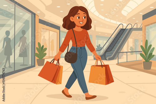 Happy young woman shopping in a modern mall carrying multiple colorful shopping bags past glass storefronts and escalator, fashion shopper enjoying retail therapy concept, vector cartoon illustration