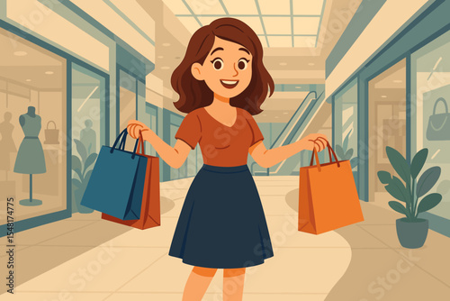 Woman standing in mall holding shopping bags, enjoying retail therapy in modern shopping center, smiling, shopping spree, cartoon vector illustration