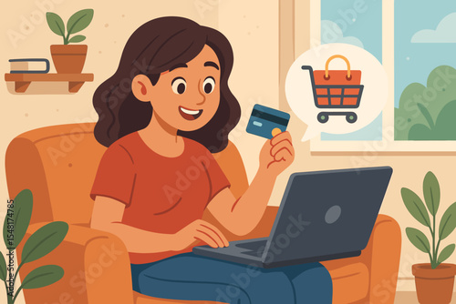 Happy young woman shopping online at home with credit card and laptop, cozy living room e-commerce concept, digital payment convenience, secure transaction, online retail vector illustration