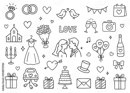 Wedding icons in doodle style. Hand drawn. Set of wedding elements. Vector illustration